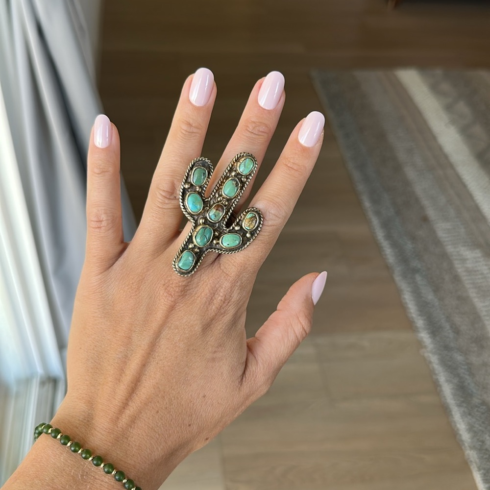 Turquoise Sterling Silver Cactus Statement Ring- Adjustable